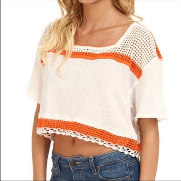 Free People Tops - Free People Crop Top Tee Crochet Split-Back Short-Sleeves Women’s Medium White